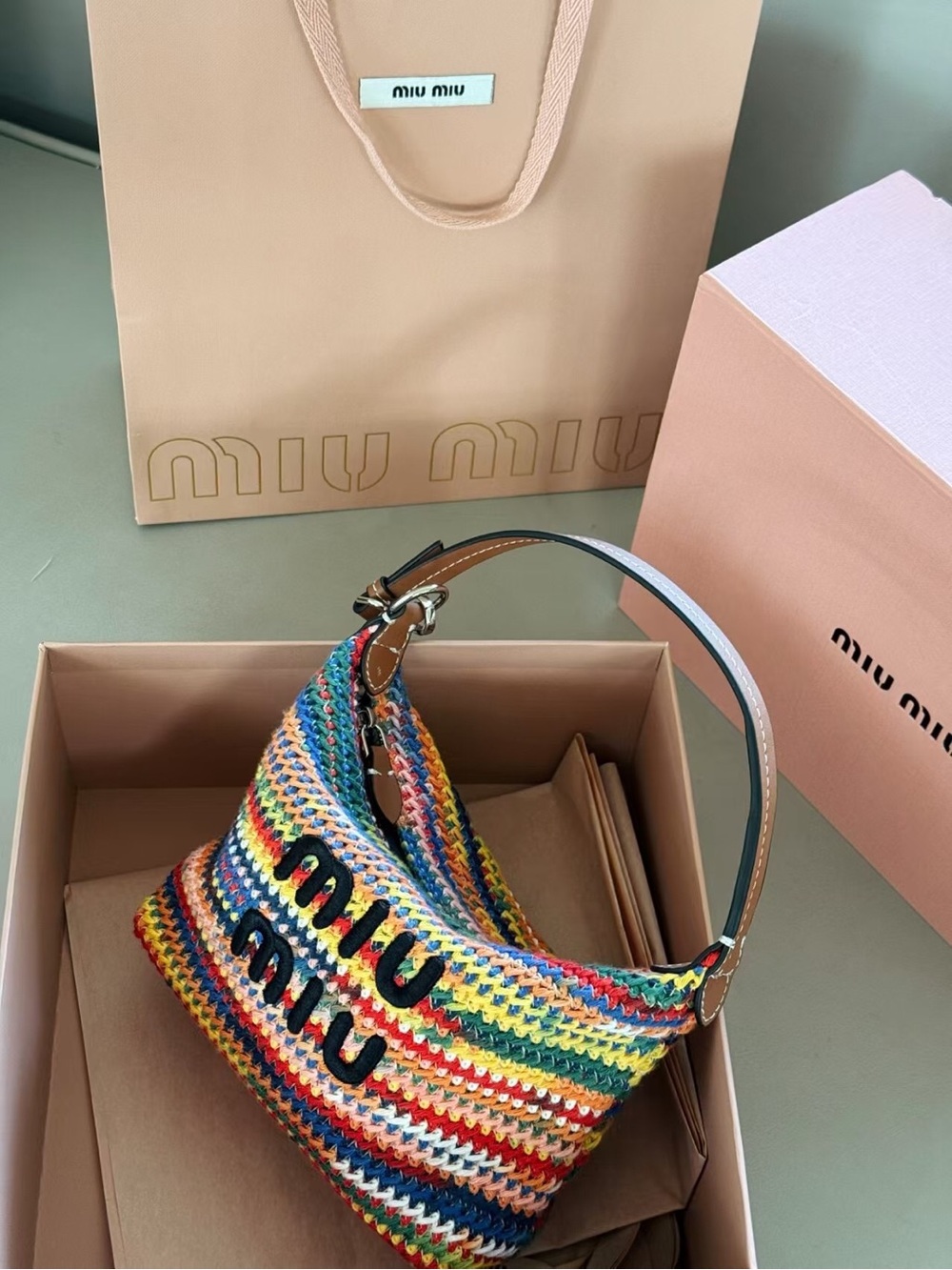 Miu Miu Rainbow Crochet Shoulder Bag with Leather Handle